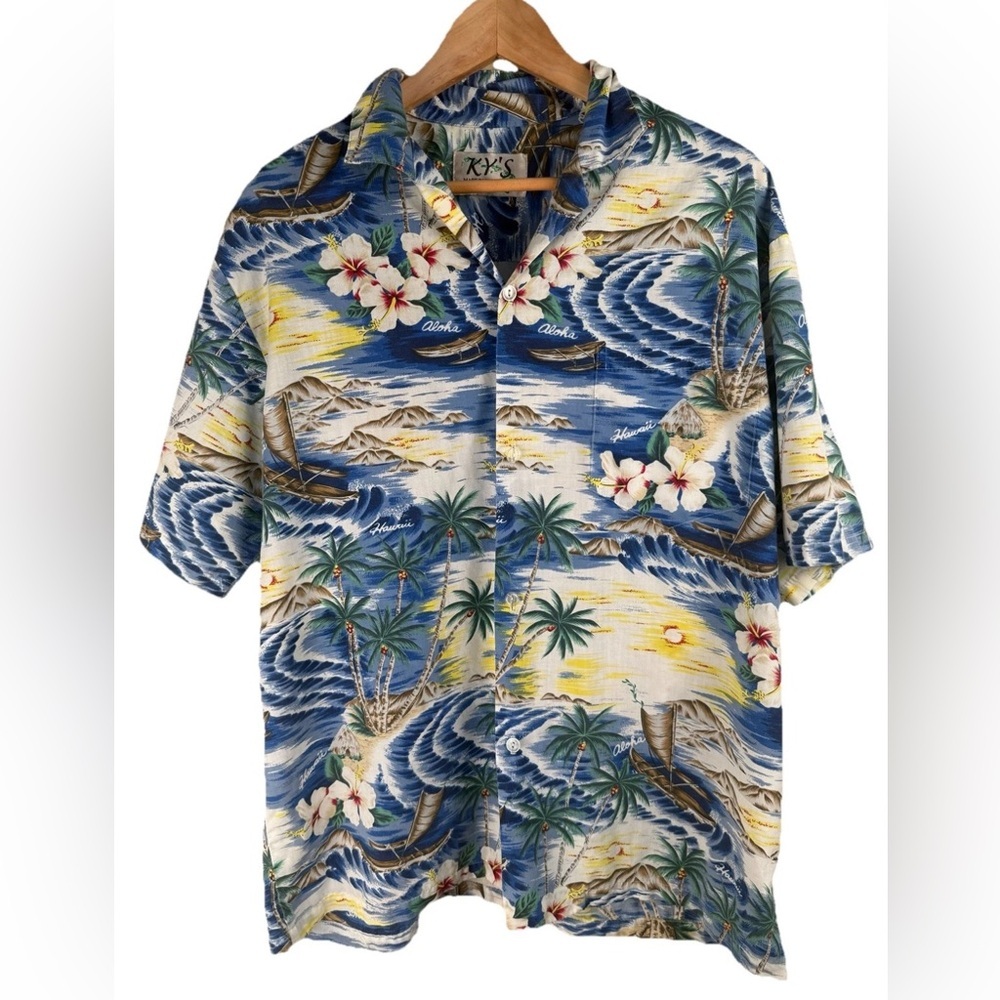 Vintage KY's Made in Hawaii Blue Button Up Shirt Hawaii USA Made Size‎ SEE NOTES